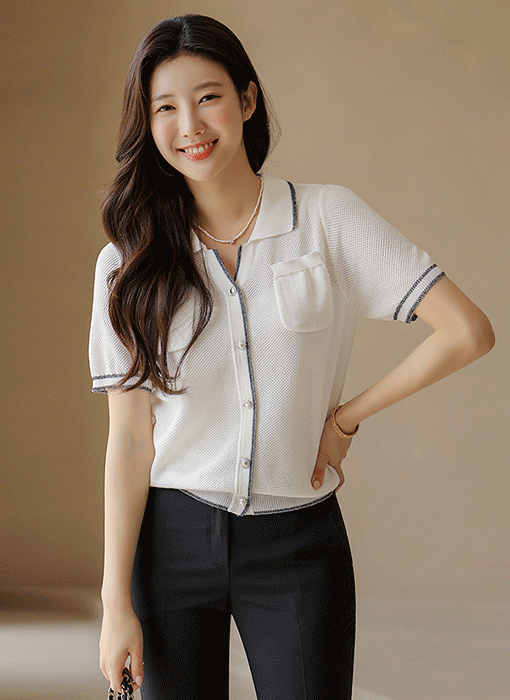 켈리브 진주 버튼 밑단 시보리 시스루 스카시 니트 카라 가디건