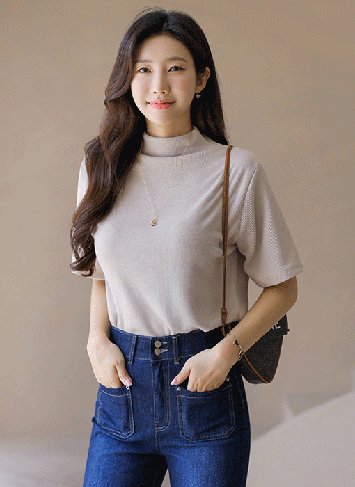 폴리너 살짝 여유감있어 좋은 심플 베이직 반하이넥 골지 티셔츠
