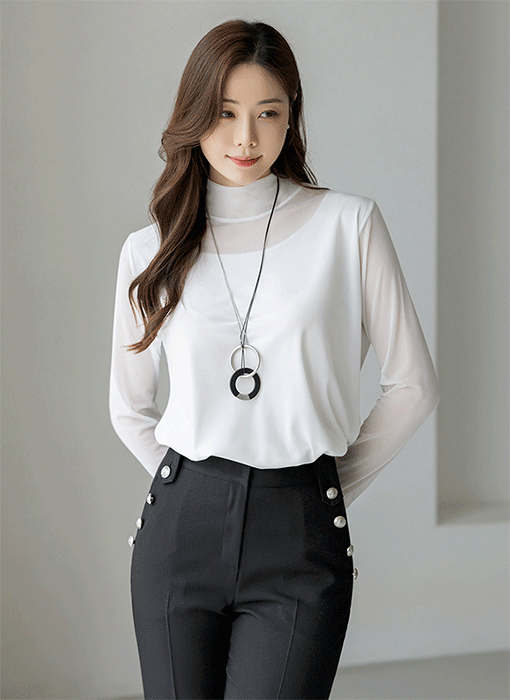 컨필 실키 텐션 심플 스판 반하이넥 시스루 배색 블라우스 티