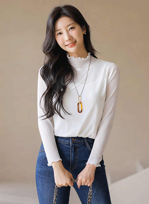 라비스 시스루 플리츠 배색 실키 텐션 반하이넥 티셔츠