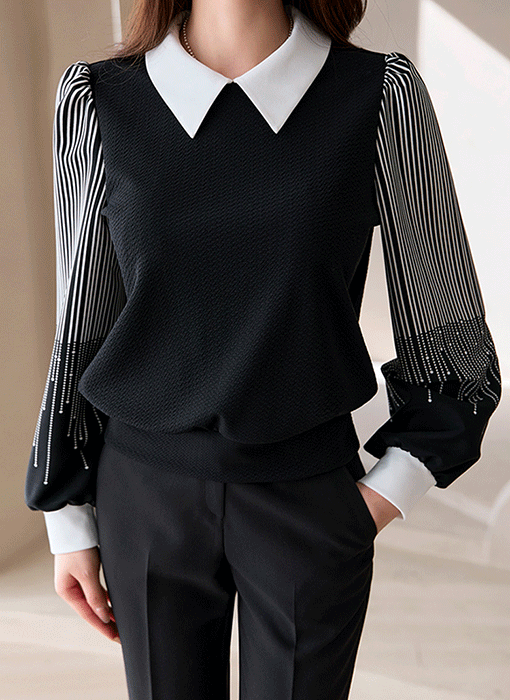 [LouisAngel] 르네 리본SET 폴링 스타 소매 배색 쟈가드 블라우스 티