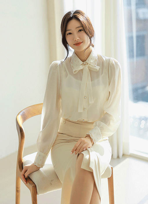 [LouisAngel] 데이지 골드 펄사 물결 카라 리본SET 쉬폰 블라우스