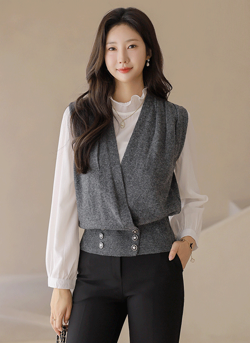 르셀란 울 블렌딩 포근포근 셔링 랩 더블 버튼 니트 조끼 베스트