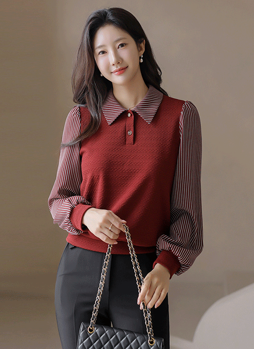 [LouisAngel] 델리안 스트라이프 배색 카라 에스닉 쟈가드 블라우스 티