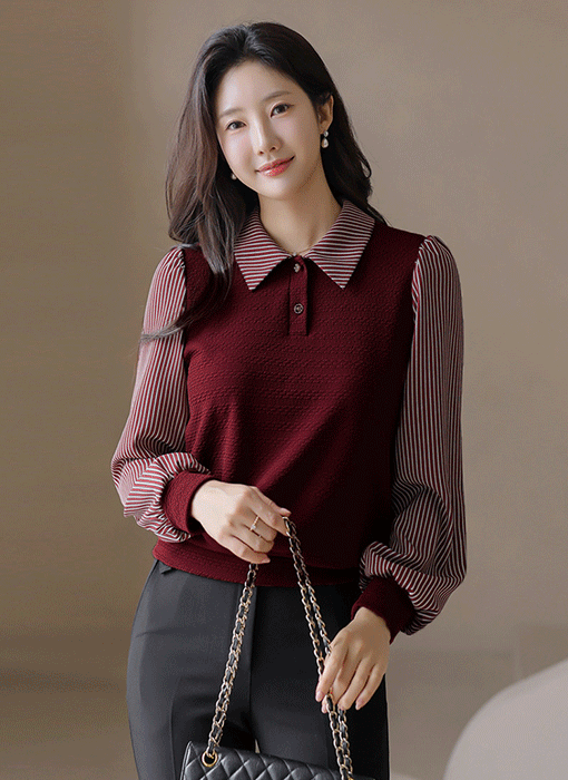 [LouisAngel] 델리안 스트라이프 배색 카라 에스닉 쟈가드 블라우스 티