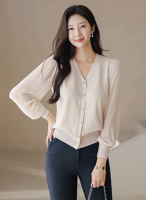 세린드 셔링 쉬폰 소매 배색 니트 블라우스 가디건