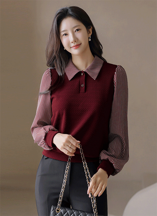 [LouisAngel] 델리안 스트라이프 배색 카라 에스닉 쟈가드 블라우스 티