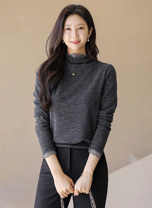 [LouisAngel] 레디트 웨이브 펄 프릴 배색 보카시 반하이넥 블라우스 티