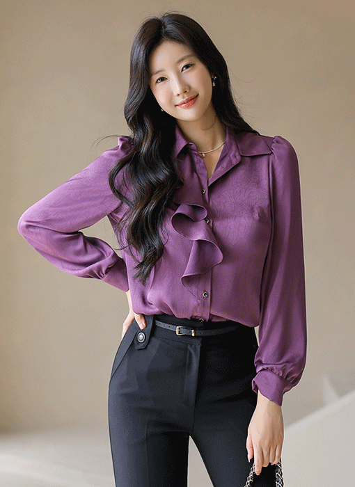 [LouisAngel] 세이렌 고혹적인 무드 스노폴 퍼플 새틴 러플 카라 블라우스