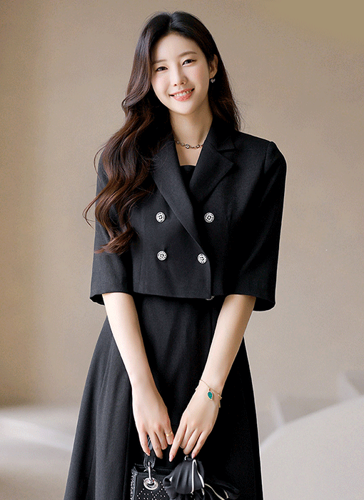 레이첼 7부소매 실버 더블 버튼 크롭 테일러드 자켓