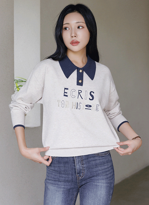 [Theonme] 이크리스 레터링 자수 비스코스 배색 카라 니트