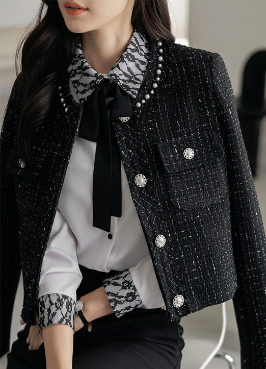베디블 진주 네클라인 세미 크롭 울 블렌딩 트위드 자켓