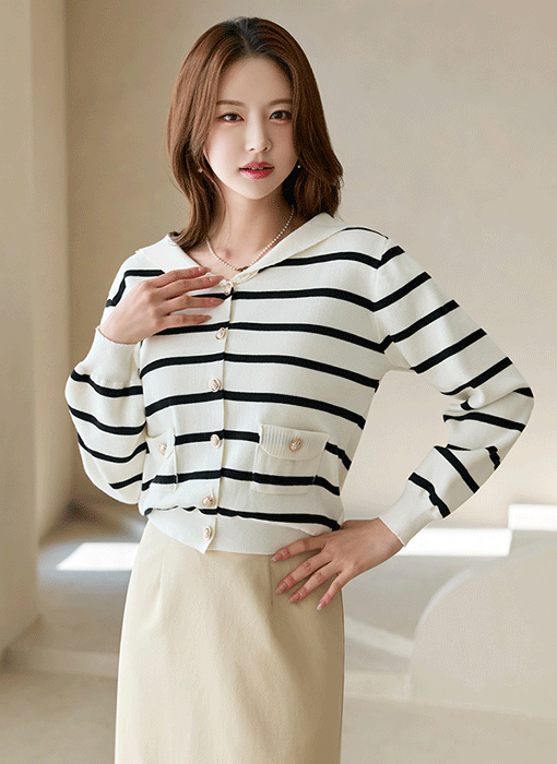 레이모 골드 버튼 세일러 숄 카라 니트 가디건