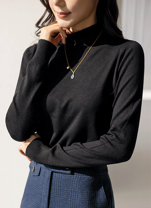 柔软半高领短袖针织T恤