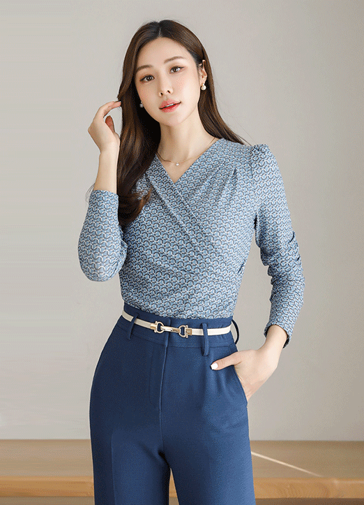 [Louis Angel] 图案捏褶裹身设计衬衫T恤