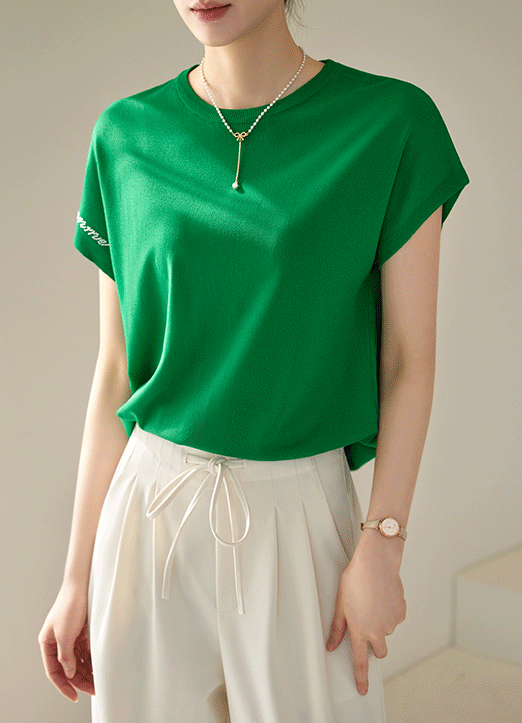 珠串文字图案蝙蝠袖针织T恤