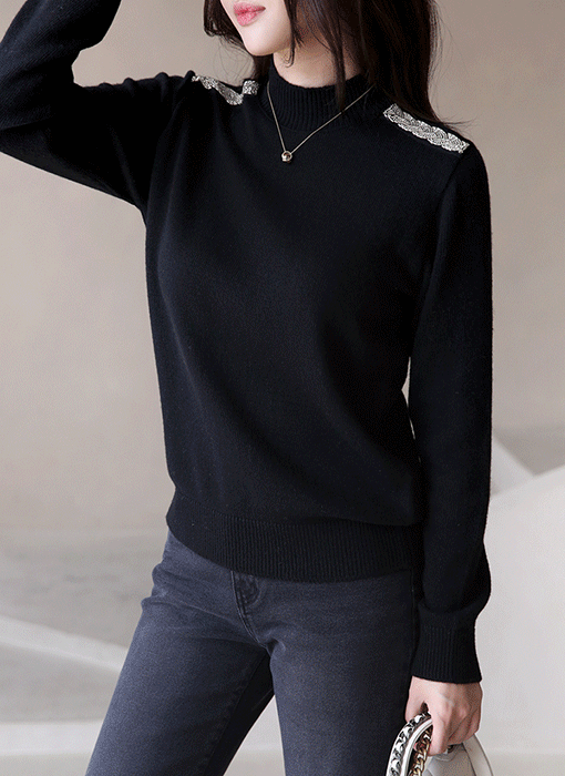 브루엘 비즈 견장 울 캐시미어 반목 폴라 니트