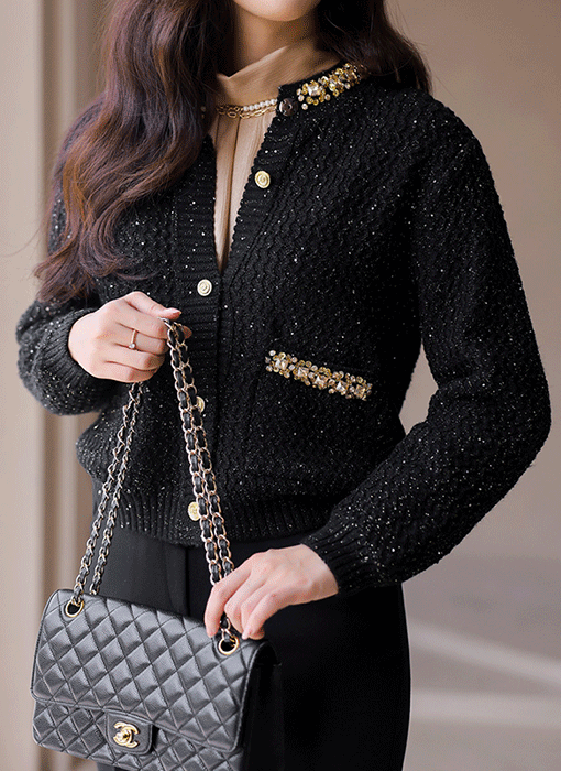 리치플 골드 쥬얼 비즈 라인 펄 스팽글 믹스 니트 가디건