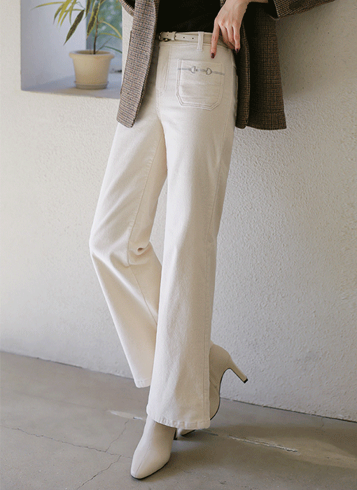 [Theonme] 블로이 자수 포켓 코듀로이 뒷밴딩 세미와이드 팬츠