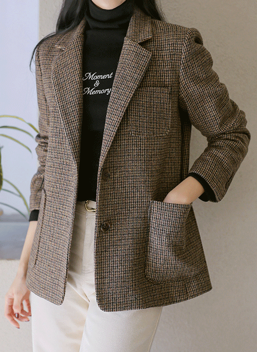 [Theonme] 글렌디 체크 울 블렌딩 포켓 스탠다드 자켓