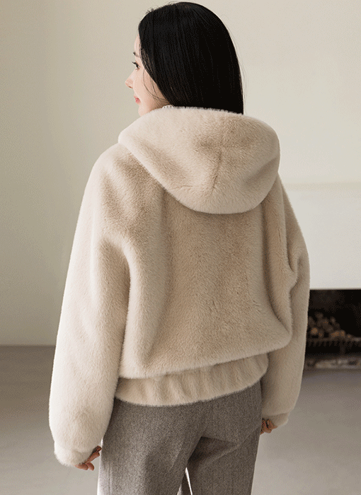 조엘 밍크 블렌딩 밑단 밴딩 후드 퍼 집업 점퍼