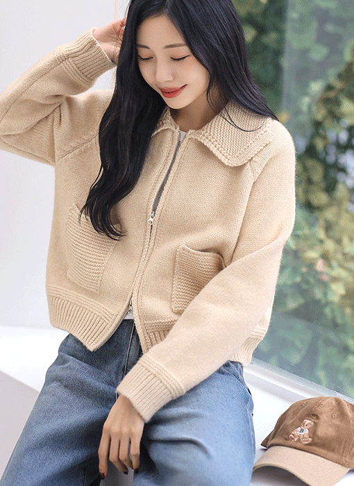 [Theonme] 다이블 뜨개 포켓 라운드 카라 투웨이 집업 니트 가디건