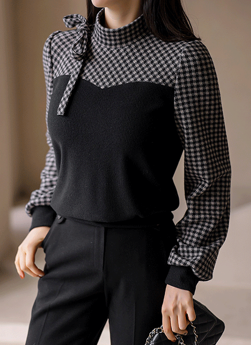 [LouisAngel] 세티아 체크 하트 배색 포근 반하이넥 블라우스 티