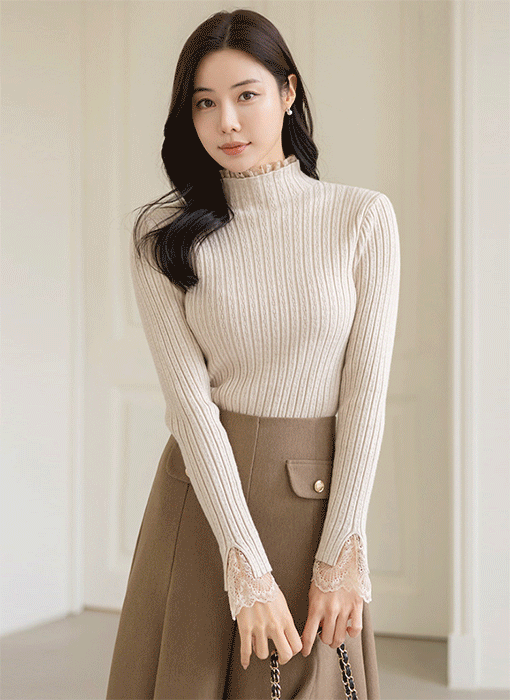 [기획특가] 레이스 레이어드 소매 폴라넥 골지 니트