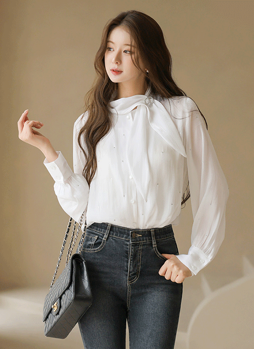 스테리 큐빅 도트 디테일 리본 타이 새틴 쉬폰 블라우스
