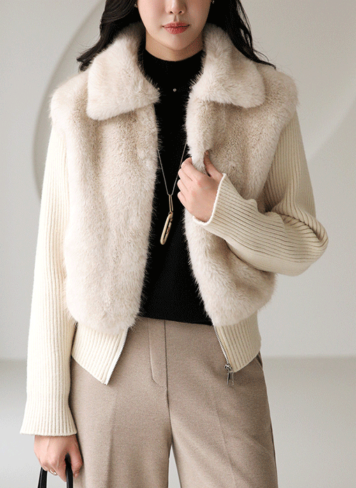 아델르 톡톡 골지 니트 레이어드 카라 퍼 자켓