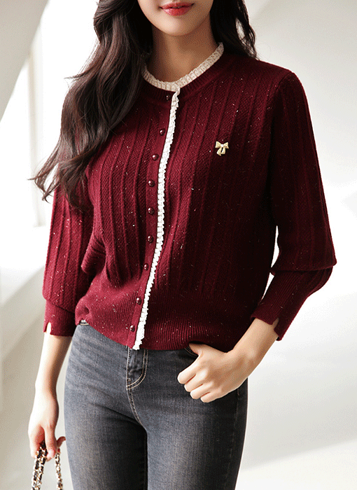 르펠 리본 브로치 펄 블렌딩 레이스 트리밍 니트 가디건