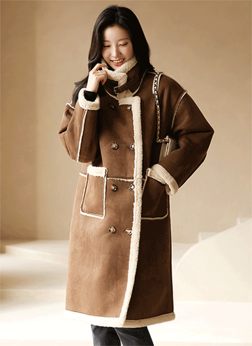 프디엘 포근 퍼 안감 하이넥 버클 무스탕 롱 자켓 코트