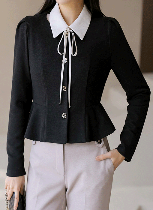 [LouisAngel] 헤이블 로즈 골드 버튼 도톰 포근 페플럼 가디건 블라우스