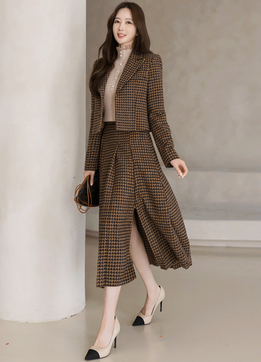 [Louis Angel] 翻领格纹修身款短夹克