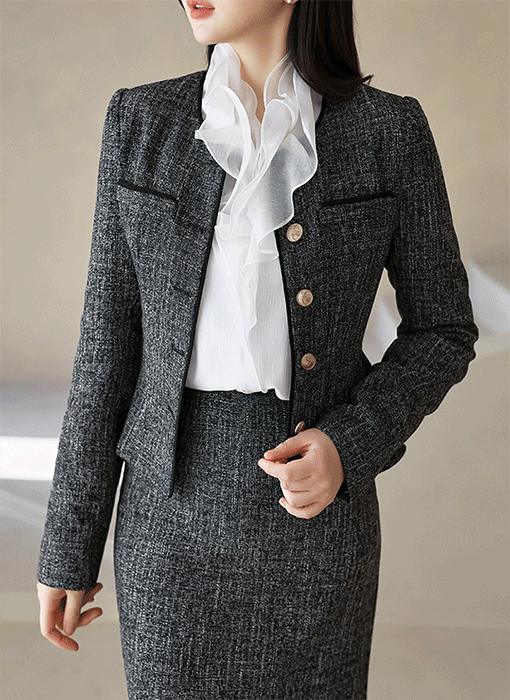 드엘브 밑단 페플럼 슬림 라인 보카시 노카라 자켓