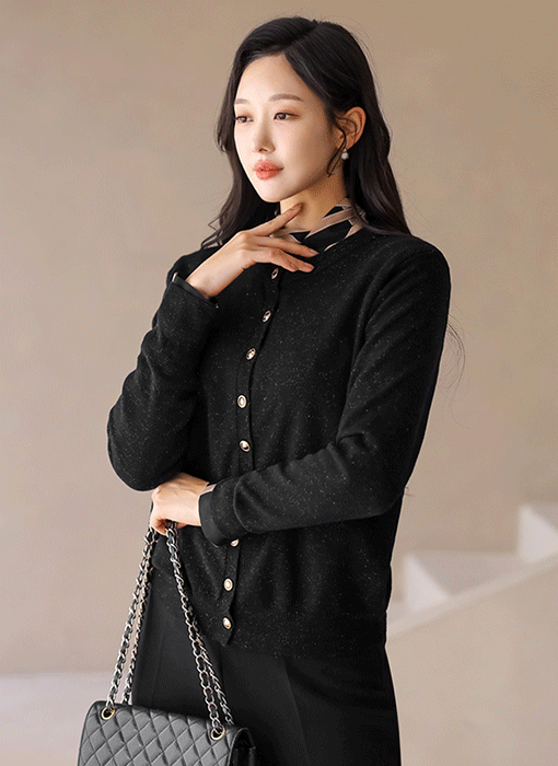 레이언 은은한 펄 믹스 골드 버튼 라운드 니트 가디건