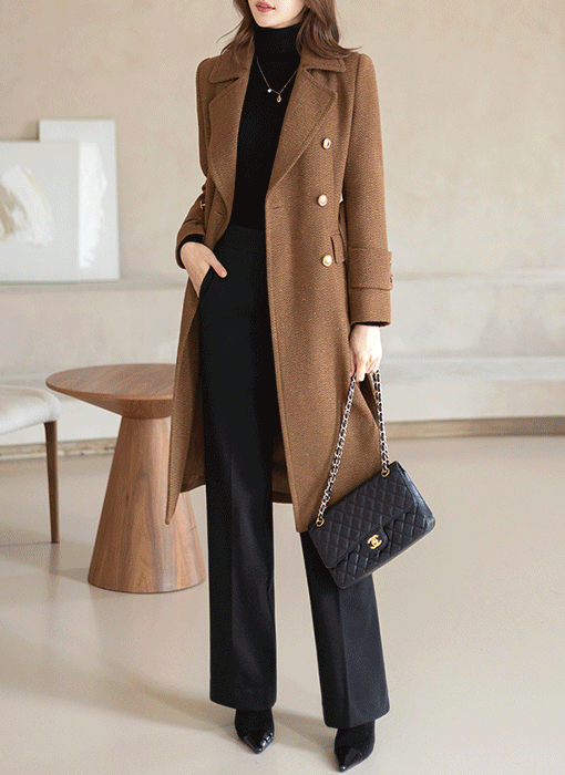 [LouisAngel] 宽松款羊毛混纺人字纹双排扣外套