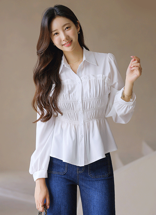 쇼이 미니 프릴 뷔스티에 라인 스모킹 셔링 블라우스