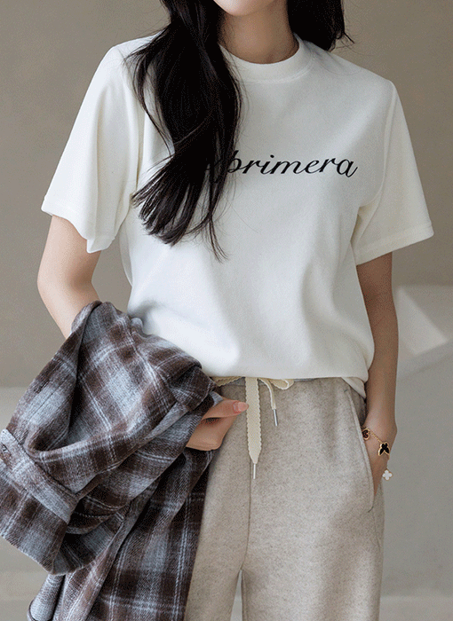 스페어 영문 레터링 프린팅 벨로아 터칭감 반팔 티셔츠