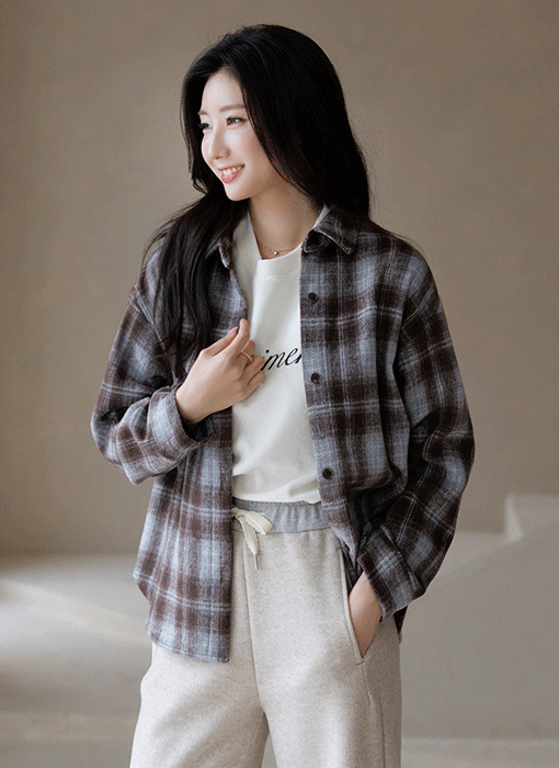 베이블 포근 울 블렌딩 겉 기모 그라데이션 타탄 체크 셔츠