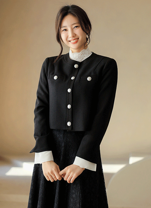 밀란 커프스SET 실버 버튼 노카라 싱글 트위드 크롭 자켓