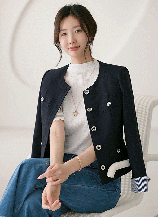 [LouisAngel] 엘조 사각사각 린넨라이크 세미 크롭 노카라 트위드 자켓