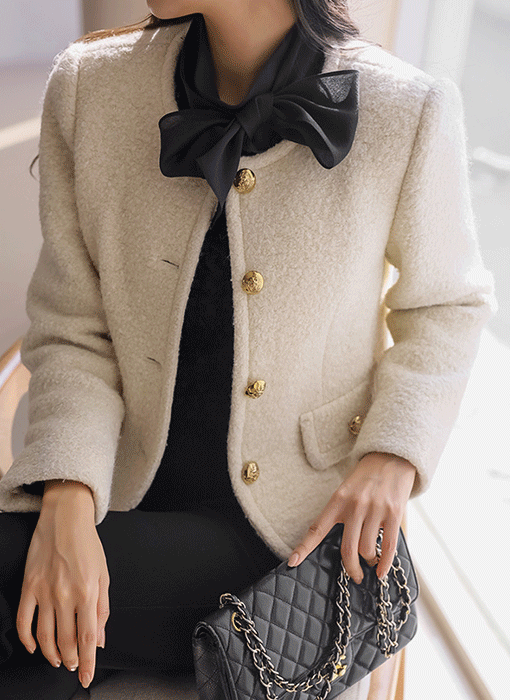 [LouisAngel] 헤인느 골드 펄 울 블렌딩 포근 부클 노카라 자켓