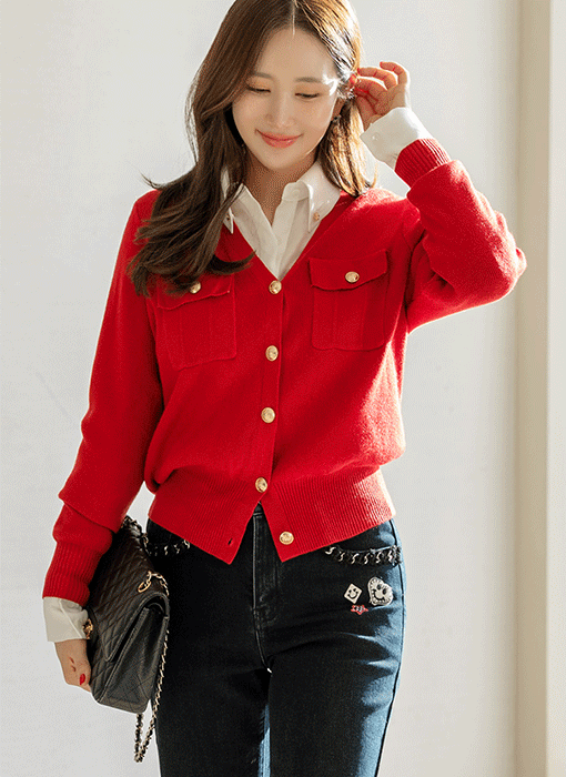 레니드 소프트 터치감 골드 버튼 V넥 니트 가디건