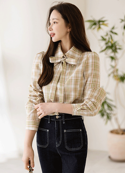 [Louis Angel] 配色格纹珍珠扣系带泡泡袖衬衫