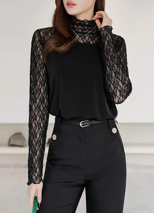 透视蕾丝配色半高领弹力T恤