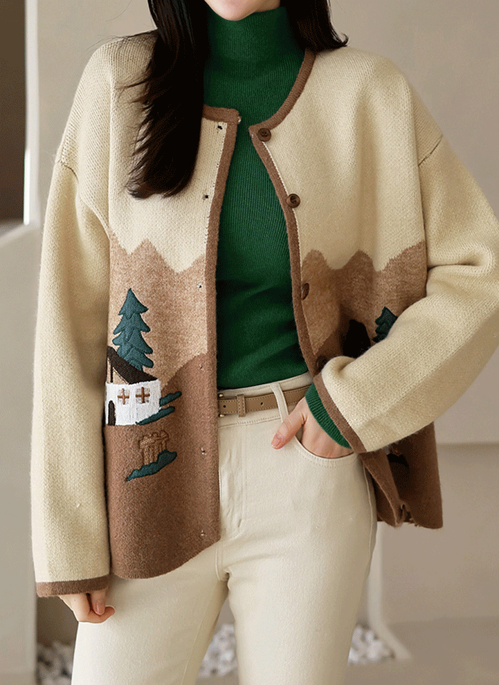 플라쥬 베어 자수 끝단 배색 하프 니트 가디건