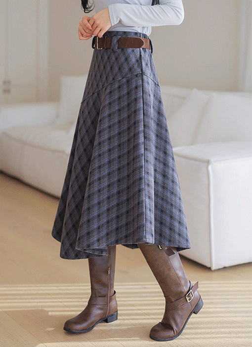 [Theonme] 브렐즈 스웨이드 벨트set 언발 플레어 기모안감 체크 스커트