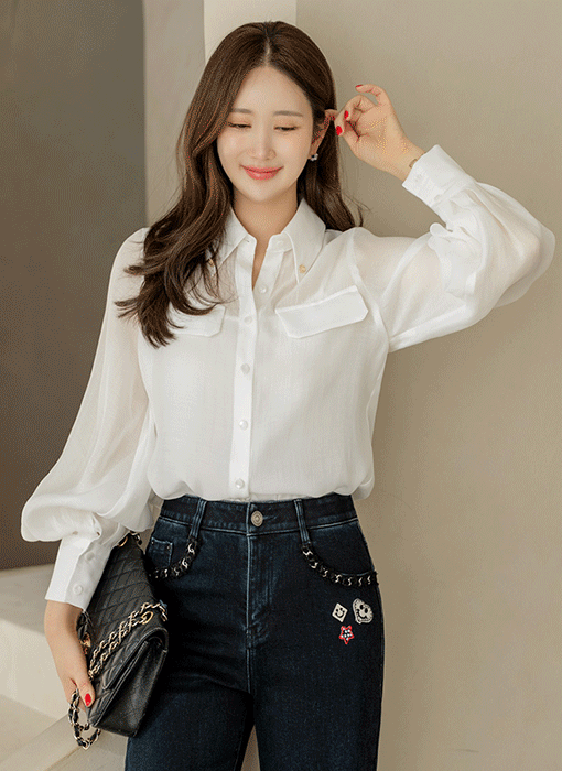 로이엔 골드 포인트 사르르 텐셀 쉬폰 퍼프 소매 카라 블라우스