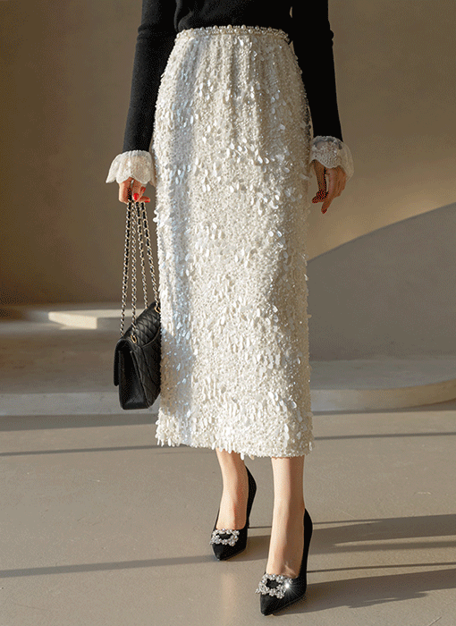 메이펄 허리밴딩 인어 스팽글 H라인 롱 스커트